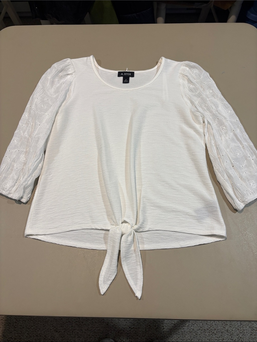 A. Byer White Front-Tie Eyelet Puff Sleeve Blouse